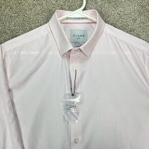 C-LAB NYC Men's Slim Fit 4-Way Stretch Medium Dress Shirt Pink Geometric Pattern